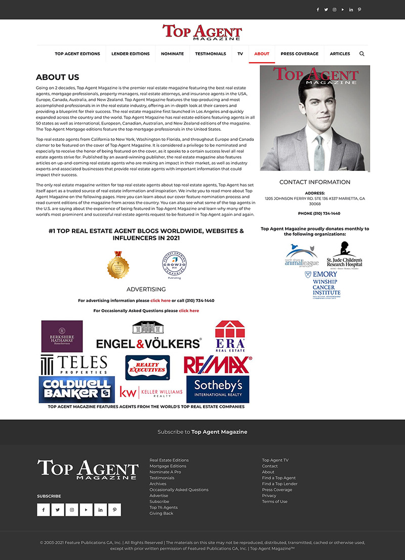 Top Agent Magazine - About page Design and SEO