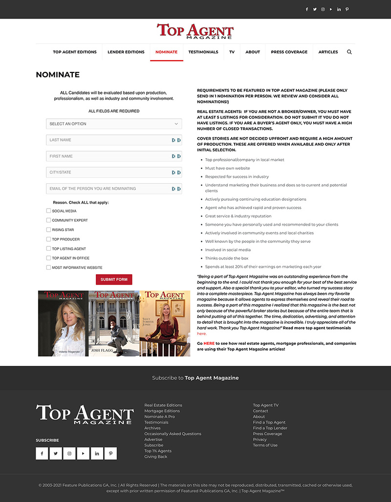 Top Agent Magazine - Agent Nomination Fill Up Form Design