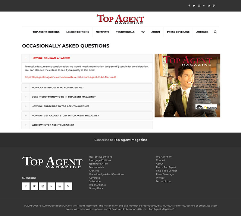 Top Agent Magazine FAQ - Web page Design SF