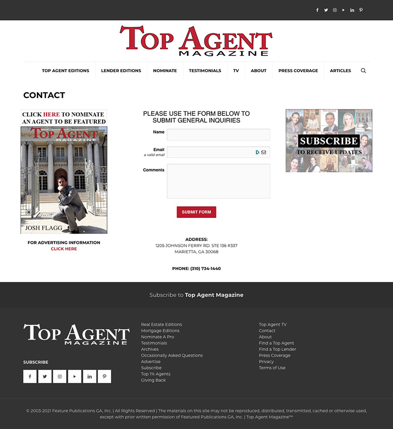 Top Agent Magazine design - contact page